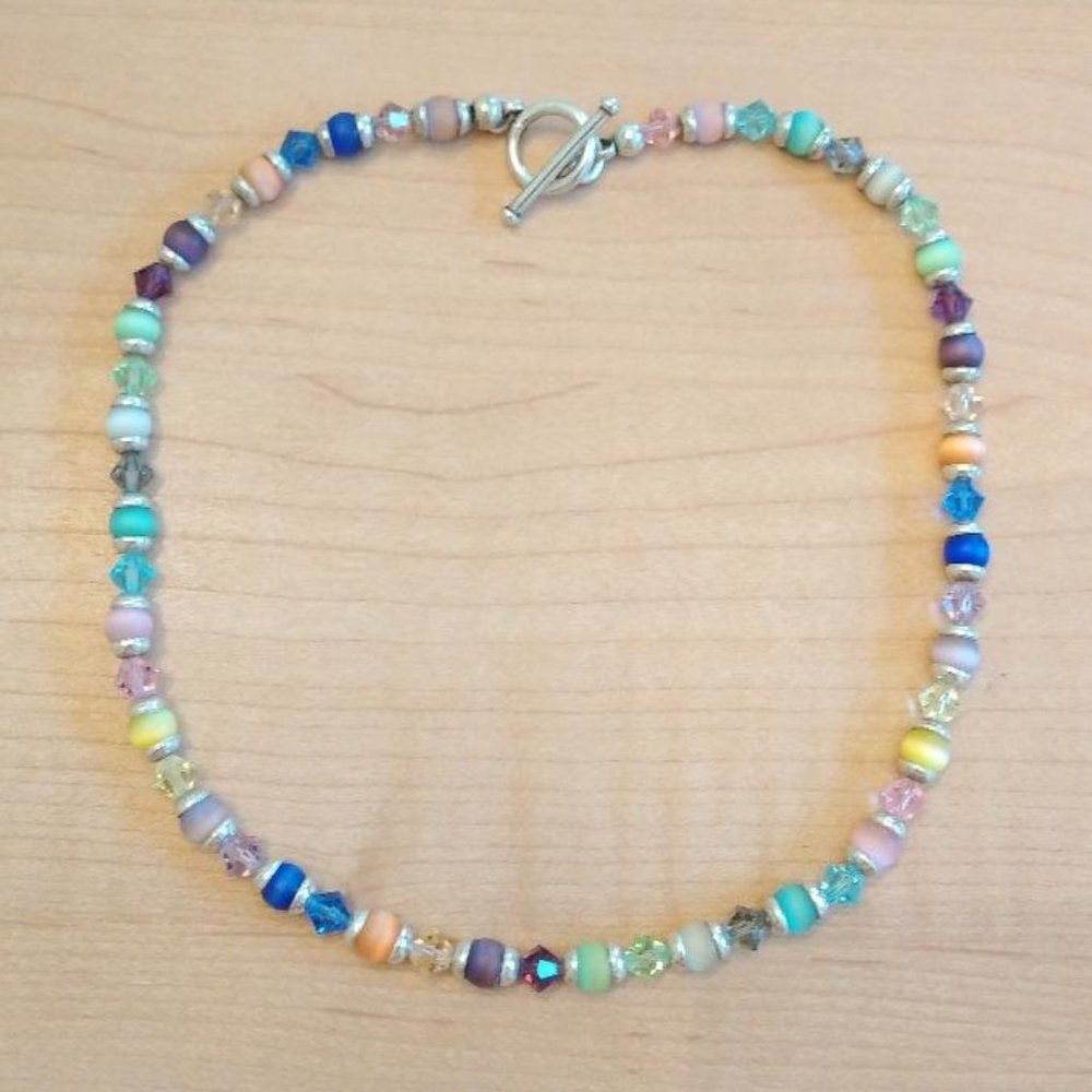 Sterling Silver Necklace with Multi Color Cats Eye Like & Glass Beads